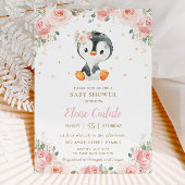 Schattig Penguin Blush Floral Girl Baby shower Kaart
