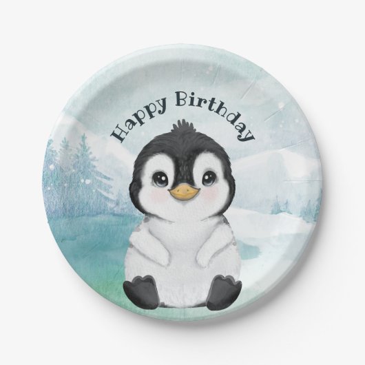 Schattig Penguin Winter Landschap Happy Birthday Papieren Bordje (Voorkant)