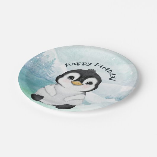 Schattig Penguin Winter Landschap Happy Birthday Papieren Bordje (Gekanteld)