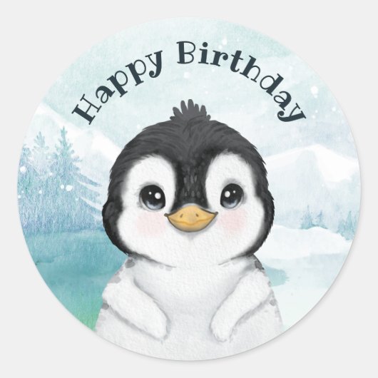 Schattig Penguin Winter Landschap Happy Birthday Ronde Sticker (Voorkant)