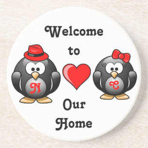 Schattig Penguins Red Heart Pet Ribbon Love Paar Zandsteen Onderzetter