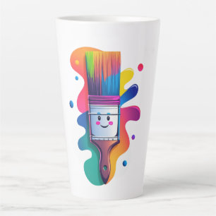 Schattig penseelkarakter met kleurrijke verfspatte latte mok