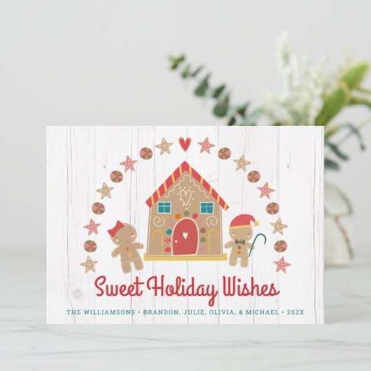 Schattig peperkoek huis lieve wensen rustiek hout feestdagenkaart (Staand voorkant)