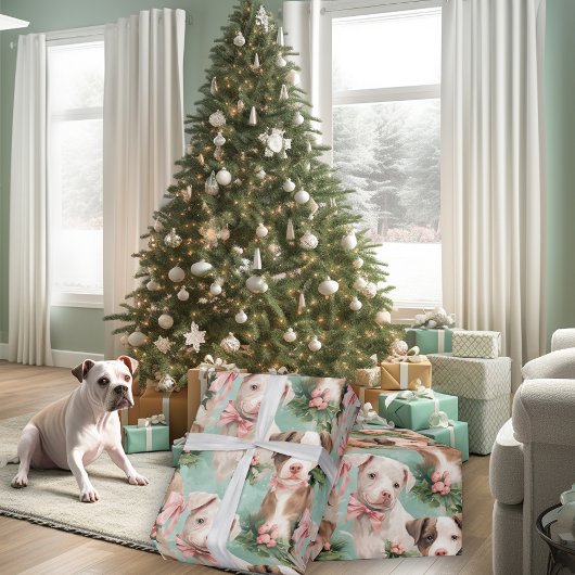 Schattig Piebald Pitbull Christmas Pups Mint Green Cadeaupapier