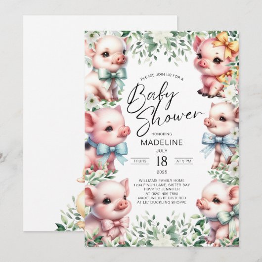 Schattig Pigs Greenery Baby shower Uitnodiging (Voorkant / Achterkant)