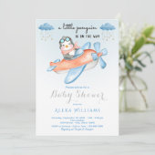 Schattig pinguïn blauw thema baby boy douche kaart (Staand voorkant)