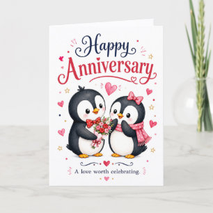 Schattig Pinguïn Koppel Gelukkig Jubileum Feestdagen Kaart