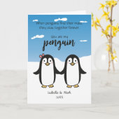 Schattig Pinguïn Koppel, Op Maat Gemaakte Valentij Kaart (Gele Bloem)