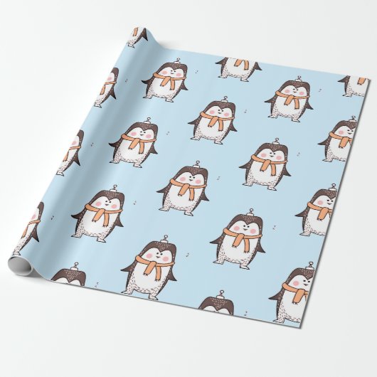 SCHATTIG PINGUÏN LICHTBLAUW WIKKELPAPIER CADEAUPAPIER (Uitgerold)
