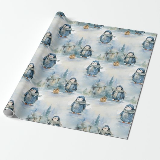 Schattig pinguïns winter design, geschilderd als t cadeaupapier (Uitgerold)
