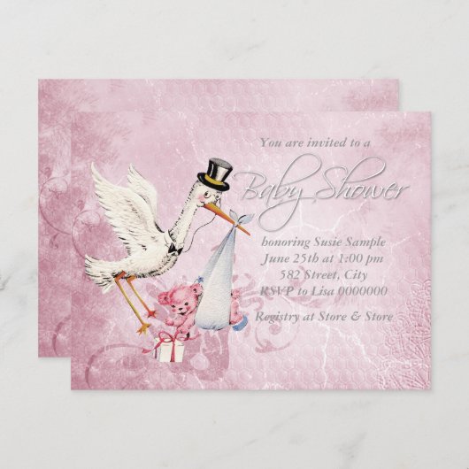 Schattig  Pink Stork Baby shower Kaart (Voorkant / Achterkant)