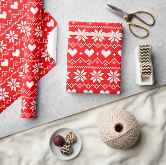Schattig Pixel Fairisle Hart Patroon Festieve Rood Cadeaupapier (Crafts)