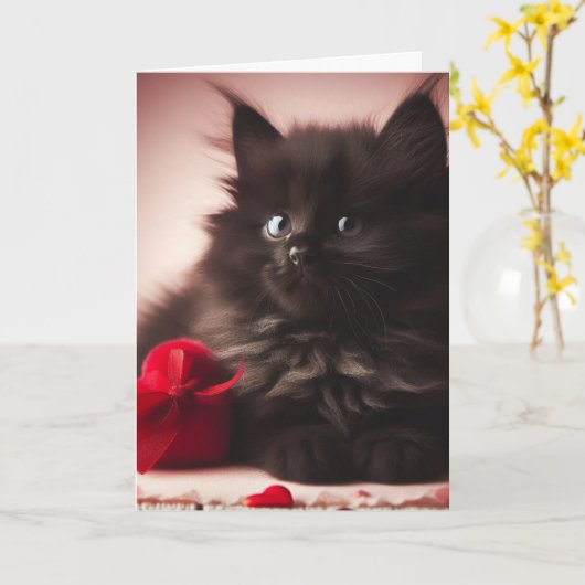 Schattig pluizig zwart Valentijns Kitten Kaart (Gele Bloem)