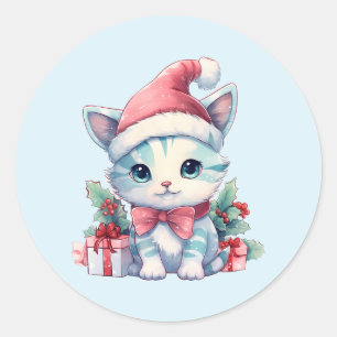 Schattig poesje in een kerstmuts ronde sticker