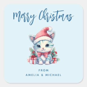 Schattig poesje in een kerstmuts, vrolijk kerstfee vierkante sticker