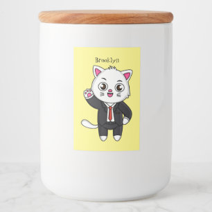 Schattig poesje kat in zakelijk pak cartoon voedselcontainer etiket