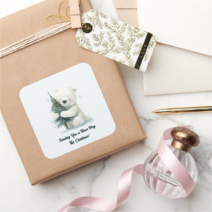 Schattig Polar Beer Knuffelen Kerstboom, Schattige Vierkante Sticker
