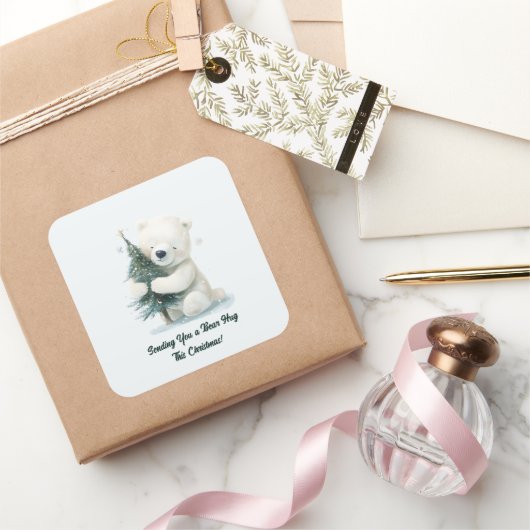 Schattig Polar Beer Knuffelen Kerstboom, Schattige Vierkante Sticker (Geschenken)