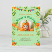 schattig pompoen herfst kind 1e verjaardagsfeestje kaart (Staand voorkant)