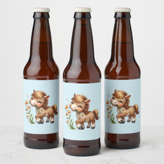 Schattig Pony Eet Madeliefjes Bier Etiket (Flessen)