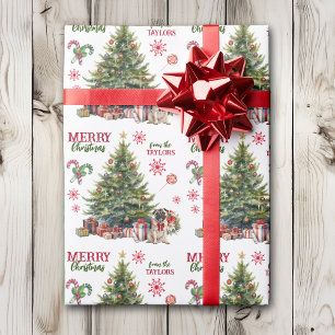 Schattig Pug Dog Red Bow Holiday Tree Cadeaupapier