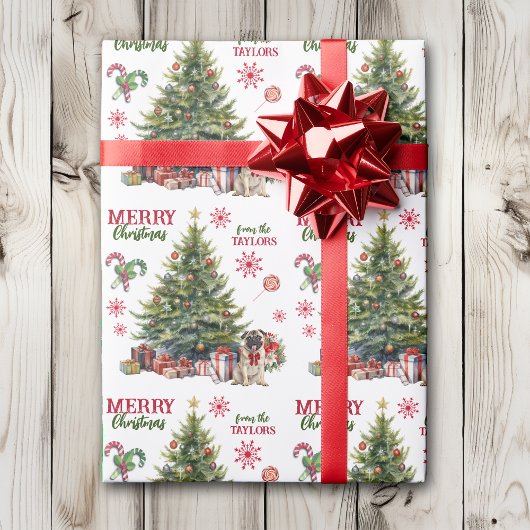 Schattig Pug Dog Red Bow Holiday Tree Cadeaupapier
