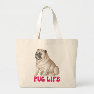 Schattig Pug Leven Puppy Hond Waterverf Grappige P Grote Tote Bag