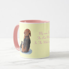 schattig puppy beagle knuffelen mam hond met sloga mok