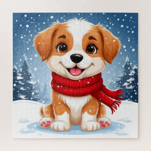 Schattig puppy dat in een besneeuwd winterlandscha legpuzzel