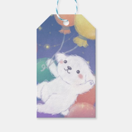 Schattig puppy met ballonnen en sterren cadeaulabel (Voorkant)