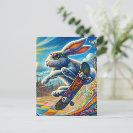Schattig Rabbit Skateboarden Briefkaart (Staand voorkant)