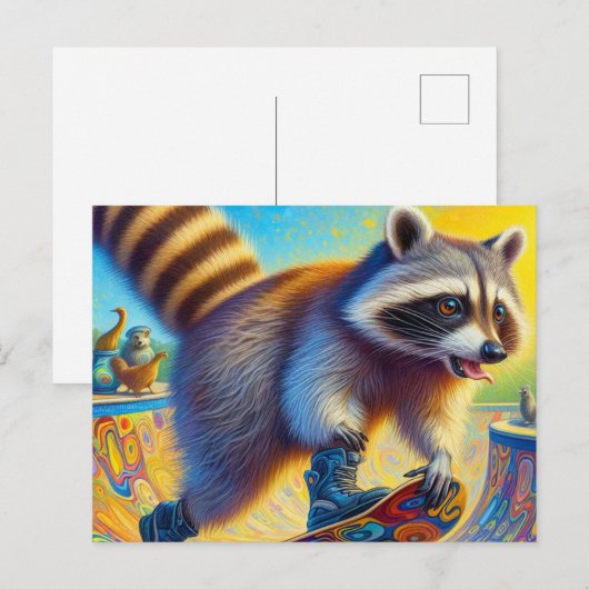 Schattig Raccoon Skateboarden Briefkaart (Voorkant / Achterkant)