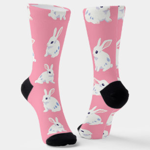 Schattig Realistisch Wit Bunny, Roze Patroon Sokken