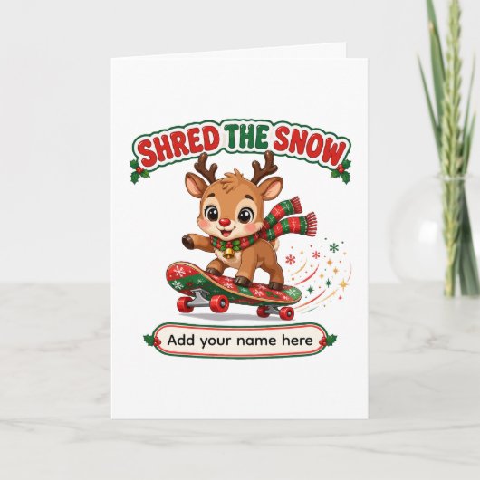 Schattig rendier dat sneeuw versnippert op skatebo kaart (Voorkant)