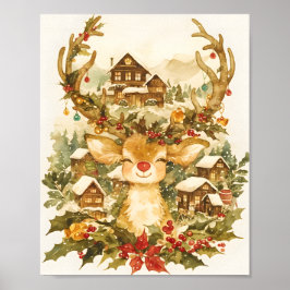 Schattig rendier Kerstmis vintage waterverf  Poster