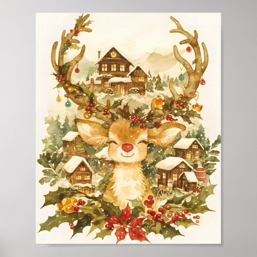 Schattig rendier Kerstmis vintage waterverf Poster (Voorkant)