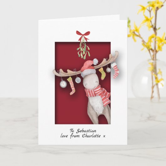 Schattig rendier met maretak Kerstmis Kaart (Gele Bloem)