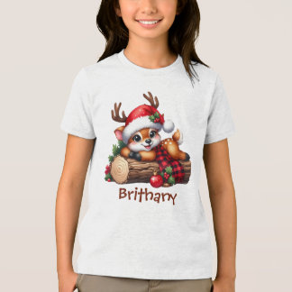 Schattig rendier rustend op boomstam winterbos Tri-Blend shirt