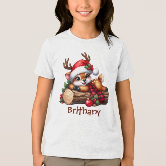 Schattig rendier rustend op boomstam winterbos	 Tri-Blend shirt (Voorkant)