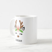 Schattig rendiergezicht aangepaste naam vakantie koffiemok (Voorkant links)