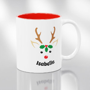 Schattig Rendiergezicht Gepersonaliseerde Kerstm Tweekleurige Koffiemok