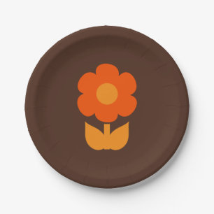 Schattig Retro 70s Bloem Oranje en Bruin Papieren Bordje