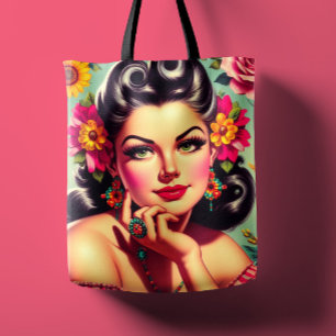 Schattig Retro Bloemschilderij Pin-up Portret Tote Bag