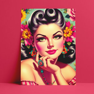 Schattig Retro Bloemstuk Pin-up Portret Briefkaart