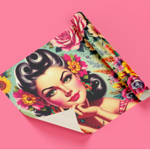 Schattig Retro Bloemstuk Pin-up Portret Cadeaupapier