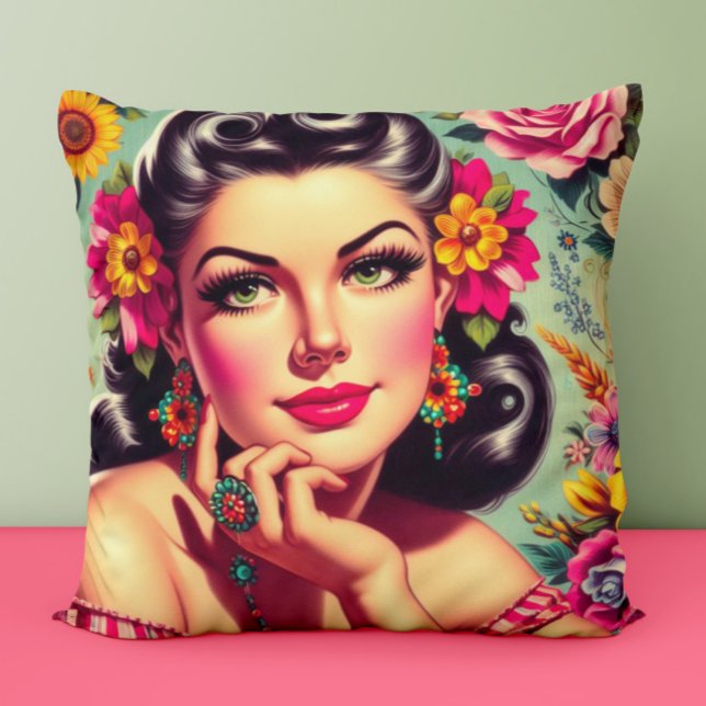 Schattig Retro Bloemstuk Pin-up Portret Kussen (Creator heeft geüpload)
