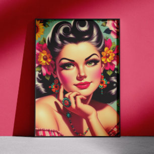 Schattig Retro Bloemstuk Pin-up Portret Poster
