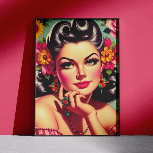 Schattig Retro Bloemstuk Pin-up Portret Poster