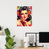Schattig Retro Bloemstuk Pin-up Portret Poster (Thuiskantoor)