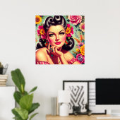 Schattig Retro Bloemstuk Speldje Portret Poster (Thuiskantoor)